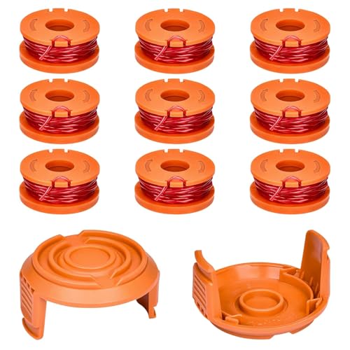 SHENGYIG 11 Stück Spule für Rasentrimmer, Durchmesser 1,65 mm, Länge 3 m, 9 Stück WA0010 Ersatzspulen für Rasentrimmer und 2 Stück WA6531 Deckel, Rasentrimmer-Ersatzspulen, für WORX Rasenmäher von SHENGYIG