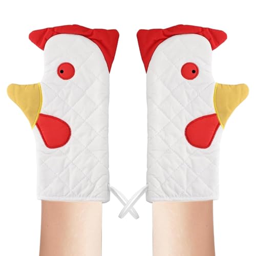 SHENGYIG Ofenhandschuhe Lustig, 1 Paar Hahnenform Backofen Handschuhe mit Doppelschicht, Topfhandschuhe Hitzebeständig mit Umhängeband, Küchenhandschuh für Ofen, Grill, Mikrowelle, Topflappen von SHENGYIG