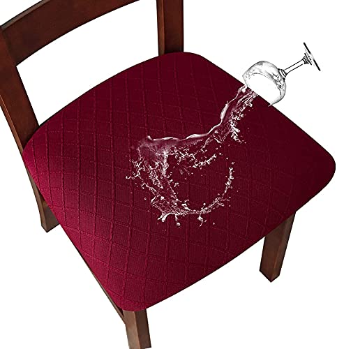SHENGYIJING Stretch Diamantgitter wasserdichte Stuhl-Sitzbezüge für Esszimmerstühle, Esszimmerstuhlhussen, Küchenstühhussen mit Schnalle (Weinrot, 6) von SHENGYIJING