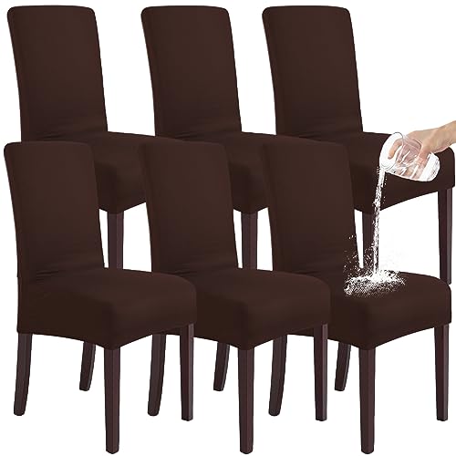 SHENGYIJING Stretch Set of 2 or 4 or 6 Waterproof Dining Chair Covers for Dining Room, Removable and Washable Chair Protector Seat Covers for Hotel, Wedding, Kitchen (Braun,6 Stück) von SHENGYIJING