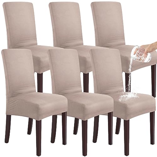 SHENGYIJING Stretch Set of 2 or 4 or 6 Waterproof Dining Chair Covers for Dining Room, Removable and Washable Chair Protector Seat Covers for Hotel, Wedding, Kitchen (Khaki,6 Stück) von SHENGYIJING