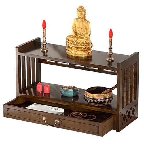 SHENJIA Meditation Altar Table with Drawer, 3-Tier Bamboo Puja Tables for Buddhist Prayers, Desktop Storage Cabinet for Jars Tea Plants, Witch Wiccan Shrine Prayer Stand(Size:m,Color:a) von SHENJIA