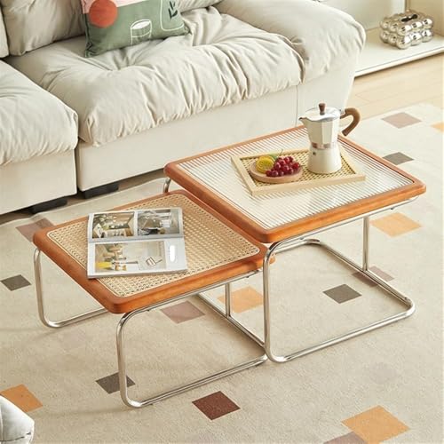 SHENJIA Nesting Couchtische 2er Set mit Rattan und Tischplatte aus gehärtetem Glas für Wohnzimmer, quadratisches Tischdesign, perfekt für kleine Räume SHENJIA Nesting Couchtische 2er Set mit Rattan und Tischplatte aus gehärtetem Glas für Wohnzimmer, quadratisches Tischdesign, perfekt für kleine Räume von SHENJIA