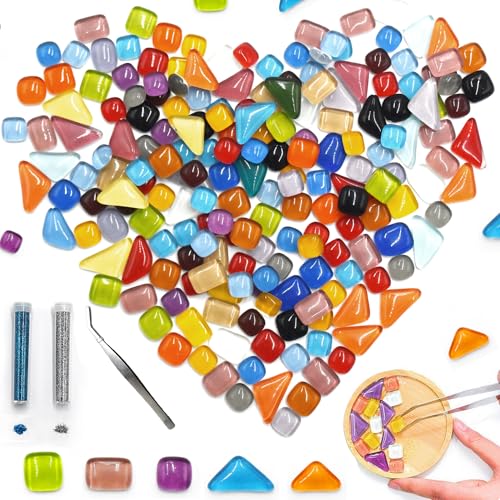SHENSAIGO 250g Bunte Glas Mosaiksteine, Unregelmäßig Gemischte Glas Mosaik Steine mit Pinzette, Mini Mosaiksteine Zum Basteln, Mosaik Bastelset Erwachsene für Fotorahmen Blumentöpfe DIY Kunstprojekte von SHENSAIGO
