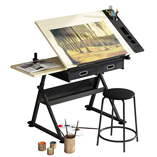 SHERAF Kunst- und Basteltisch, höhenverstellbarer Zeichentisch mit neigbarer Tischplatte, klappbarer, Verstellbarer Basteltisch mit Hocker und 2 Aufbewahrungsschubladen, zum Lesen, Schreiben, Malen, von SHERAF