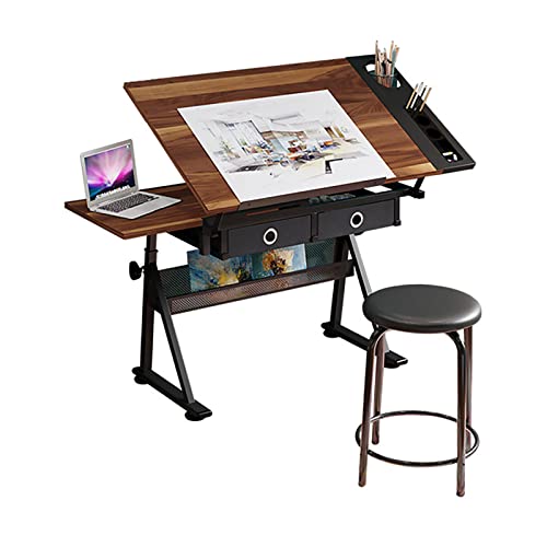 Verstellbarer Zeichentisch, multifunktionaler zusammenklappbarer Zeichentisch, Zeichenbrett, Basteltisch, Schreibtisch, Studio-Schreibtisch mit 2 Schubladen und Hocker zum Zeichnen, Malen, Schreiben, von SHERAF