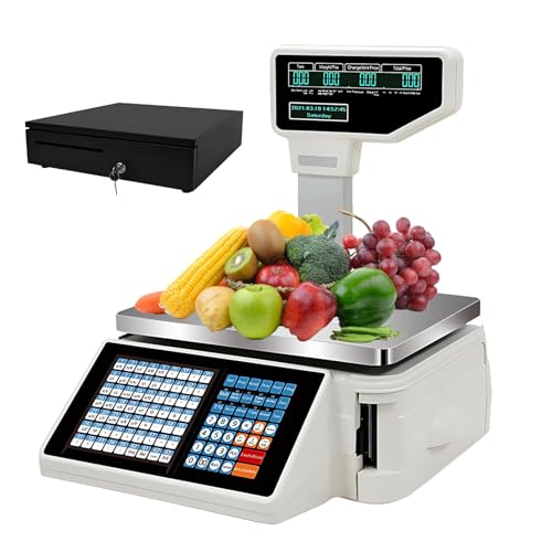 SHEUAO Digitale Barcode-Waagen Preisrechenwaage Edelstahl Waage Mit LCD Display Tara Funktion Akkubetrieb Digital-Preiswaage Paketwaage Küchenwaage Digitalwaage A+Cashbox von SHEUAO