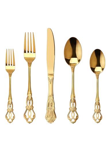 SHEUMNT Wunderschönes Retro Royal Gold Edelstahl 20-teiliges Besteckset, goldenes Essbesteck Set, rostfreier Edelstahl, goldenes Besteckset, Utensilien inklusive Gabel, Löffel und Messer von SHEUMNT