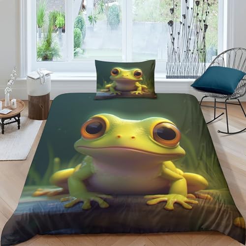 SHEYLE Cute Frosch Bed Linen Sets Mikrofaser Steppdeckenbezug Reißverschluss Frosch Bettdeckenbezug Weichs Bettwäsche Set Verstecktes Scharnier Bettbezug Single（135x200cm） von SHEYLE