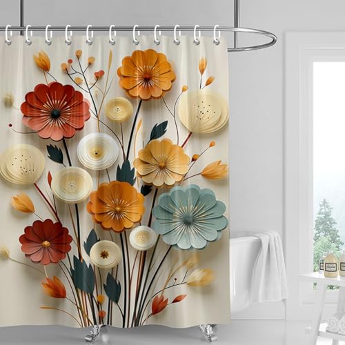 Duschvorhang 120x180 cm Blumen Orange Rot Shower Curtains Waschbar Polyester Stoff Duschvorhang Wasserdicht Dekoration Shower Curtain mit 12 Haken Duschvorhänge Badewanne von SHFDJTL