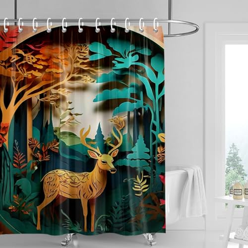 Duschvorhang 120x180 cm Grün Hirsch Rot Shower Curtains Waschbar Polyester Stoff Duschvorhang Wasserdicht Dekoration Shower Curtain mit 12 Haken Duschvorhänge Badewanne von SHFDJTL