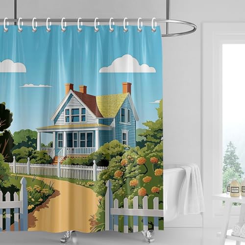 Duschvorhang 120x180 cm Haus Grün Blau Shower Curtains Waschbar Polyester Stoff Duschvorhang Wasserdicht Dekoration Shower Curtain mit 12 Haken Duschvorhänge Badewanne von SHFDJTL