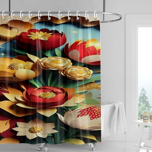 Duschvorhang 120x180 cm Rote Gelbe Blumen Shower Curtains Waschbar Polyester Stoff Duschvorhang Wasserdicht Dekoration Shower Curtain mit 12 Haken Duschvorhänge Badewanne von SHFDJTL