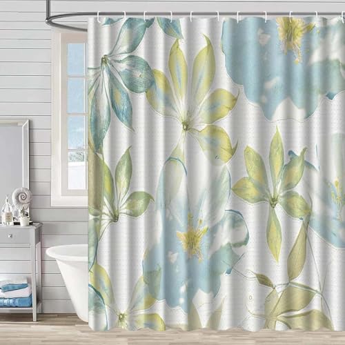 Duschvorhang 150x180 cm Blau Gelb Aquarell Shower Curtains Polyester Stoff Waschbar Duschvorhänge Blickdicht Badewanne Wasserdicht Antischimmel mit 12 Duschvorhangringen von SHFDJTL