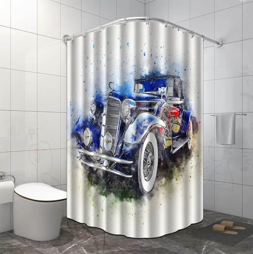 Duschvorhang 150x180 cm Blaues Retro Auto Shower Curtains Polyester Stoff Waschbar Duschvorhänge Blickdicht Badewanne Wasserdicht Antischimmel mit 12 Duschvorhangringen von SHFDJTL