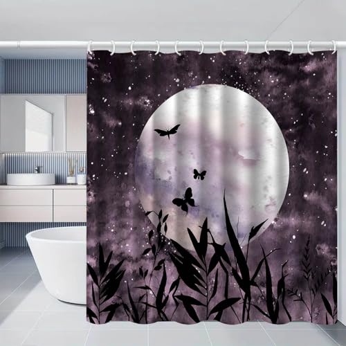 Duschvorhang 150x180 cm Braun Mond Schmetterling Shower Curtains Polyester Stoff Waschbar Duschvorhänge Blickdicht Badewanne Wasserdicht Antischimmel mit 12 Duschvorhangringen von SHFDJTL