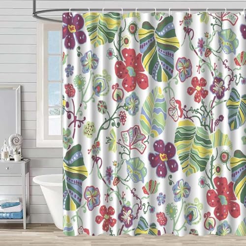 Duschvorhang 150x180 cm Grün Rot Blumen Shower Curtains Polyester Stoff Waschbar Duschvorhänge Blickdicht Badewanne Wasserdicht Antischimmel mit 12 Duschvorhangringen von SHFDJTL
