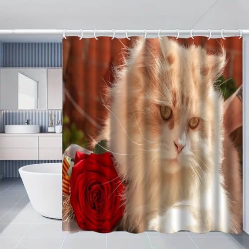 Duschvorhang 150x180 cm Rote Blume Katze Shower Curtains Polyester Stoff Waschbar Duschvorhänge Blickdicht Badewanne Wasserdicht Antischimmel mit 12 Duschvorhangringen von SHFDJTL