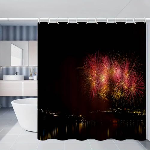 Duschvorhang 150x180 cm Schwarzes Rotes Feuerwerk Shower Curtains Polyester Stoff Waschbar Duschvorhänge Blickdicht Badewanne Wasserdicht Antischimmel mit 12 Duschvorhangringen von SHFDJTL