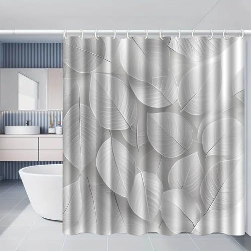 Duschvorhang 150x180 cm Silbergraue Blätter Shower Curtains Polyester Stoff Waschbar Duschvorhänge Blickdicht Badewanne Wasserdicht Antischimmel mit 12 Duschvorhangringen von SHFDJTL