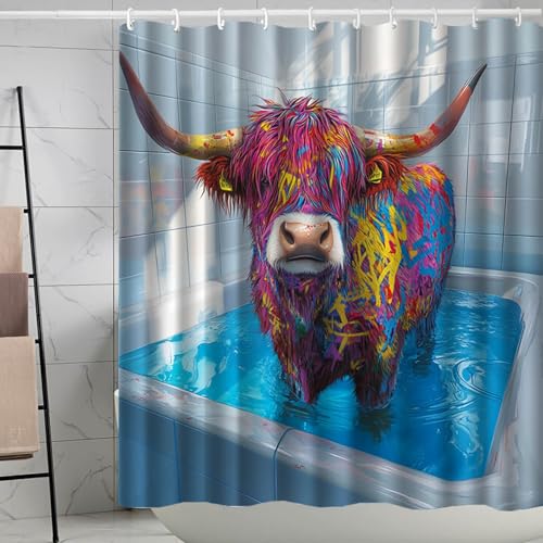 Duschvorhang 180x180 cm Blaue Graffiti Highland Rinder Shower Curtains Polyester Stoff Waschbar Duschvorhänge Blickdicht Badewanne Wasserdicht Antischimmel mit 12 Duschvorhangringen von SHFDJTL