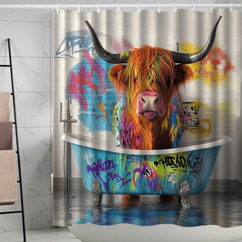 Duschvorhang 180x180 cm Graffiti Braune Kuh Shower Curtains Polyester Stoff Waschbar Duschvorhänge Blickdicht Badewanne Wasserdicht Antischimmel mit 12 Duschvorhangringen von SHFDJTL