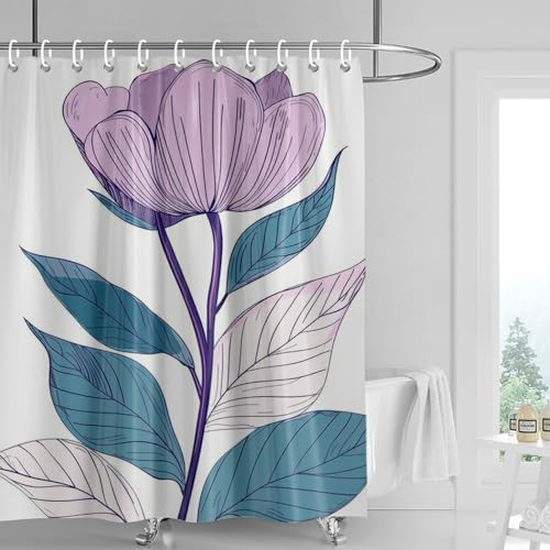 Duschvorhang 180x180 cm Lila Grüne Blumen Shower Curtains Waschbar Polyester Stoff Duschvorhang Wasserdicht Dekoration Shower Curtain mit 12 Haken Duschvorhänge Badewanne von SHFDJTL