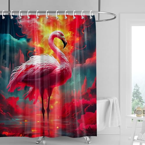 Duschvorhang 180x180 cm Rot Flamingo Grün Shower Curtains Waschbar Polyester Stoff Duschvorhang Wasserdicht Dekoration Shower Curtain mit 12 Haken Duschvorhänge Badewanne von SHFDJTL