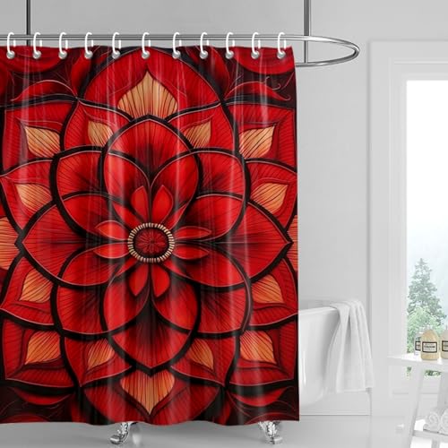Duschvorhang 180x180 cm Rote Schwarze Blumen Shower Curtains Waschbar Polyester Stoff Duschvorhang Wasserdicht Dekoration Shower Curtain mit 12 Haken Duschvorhänge Badewanne von SHFDJTL