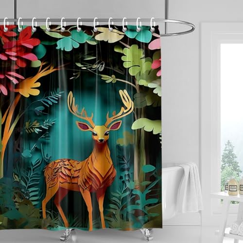 Duschvorhang 180x200 cm Hirsch Braun Grün Shower Curtains Waschbar Polyester Stoff Duschvorhang Wasserdicht Dekoration Shower Curtain mit 12 Haken Duschvorhänge Badewanne von SHFDJTL