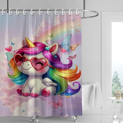 Duschvorhang 180x200 cm Lila Einhorn Rosa Shower Curtains Waschbar Polyester Stoff Duschvorhang Wasserdicht Dekoration Shower Curtain mit 12 Haken Duschvorhänge Badewanne von SHFDJTL