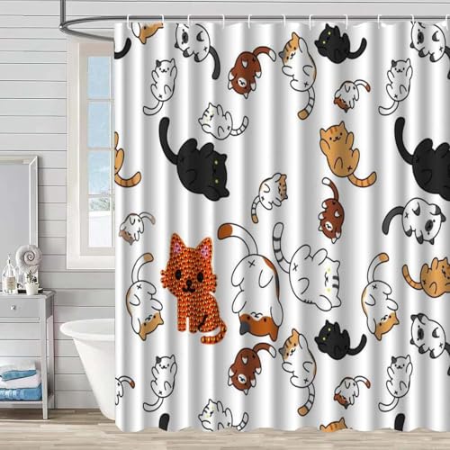 Duschvorhang 180x200 cm Orange Katze Schwarz Shower Curtains Polyester Stoff Waschbar Duschvorhänge Blickdicht Badewanne Wasserdicht Antischimmel mit 12 Duschvorhangringen von SHFDJTL