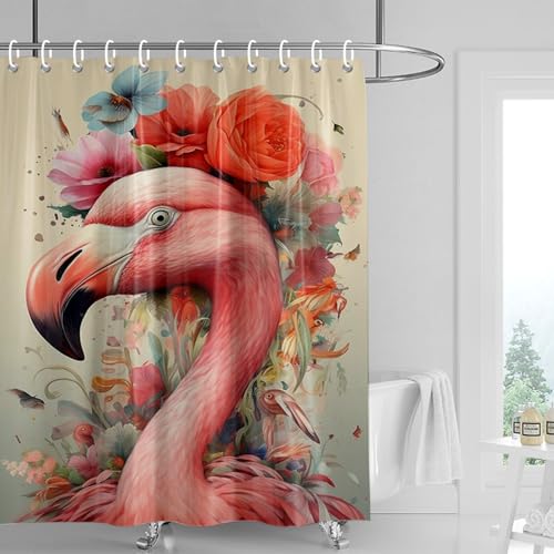 Duschvorhang 180x200 cm Rote Blume Flamingo Shower Curtains Waschbar Polyester Stoff Duschvorhang Wasserdicht Dekoration Shower Curtain mit 12 Haken Duschvorhänge Badewanne von SHFDJTL