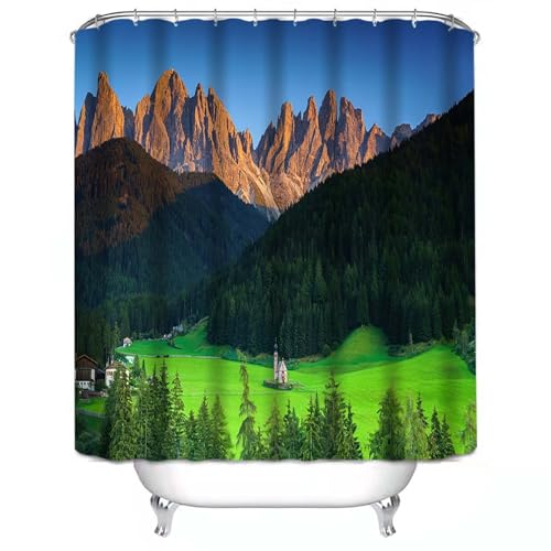 Duschvorhang 180x200 cm Schwarzgrüner Berg Shower Curtains Polyester Stoff Waschbar Duschvorhänge Blickdicht Badewanne Wasserdicht Antischimmel mit 12 Duschvorhangringen von SHFDJTL