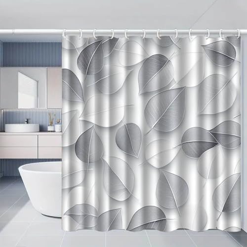 Duschvorhang 180x200 cm Silber Abstraktblatt Shower Curtains Polyester Stoff Waschbar Duschvorhänge Blickdicht Badewanne Wasserdicht Antischimmel mit 12 Duschvorhangringen von SHFDJTL