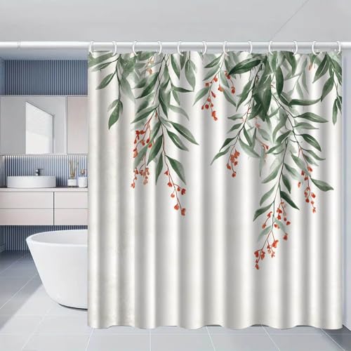 Duschvorhang 180x220 cm Blätter Grün Rot Shower Curtains Polyester Stoff Waschbar Duschvorhänge Blickdicht Badewanne Wasserdicht Antischimmel mit 12 Duschvorhangringen von SHFDJTL