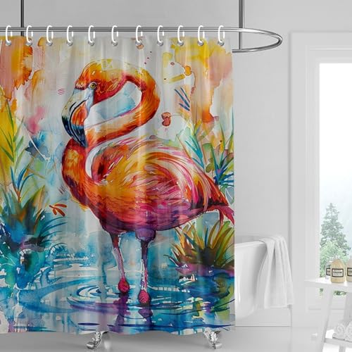 Duschvorhang 180x220 cm Blaue Rote Flamingos Shower Curtains Waschbar Polyester Stoff Duschvorhang Wasserdicht Dekoration Shower Curtain mit 12 Haken Duschvorhänge Badewanne von SHFDJTL