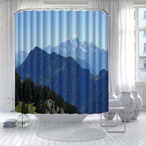 Duschvorhang 180x220 cm Blauer Grüner Berg Shower Curtains Polyester Stoff Waschbar Duschvorhänge Blickdicht Badewanne Wasserdicht Antischimmel mit 12 Duschvorhangringen von SHFDJTL