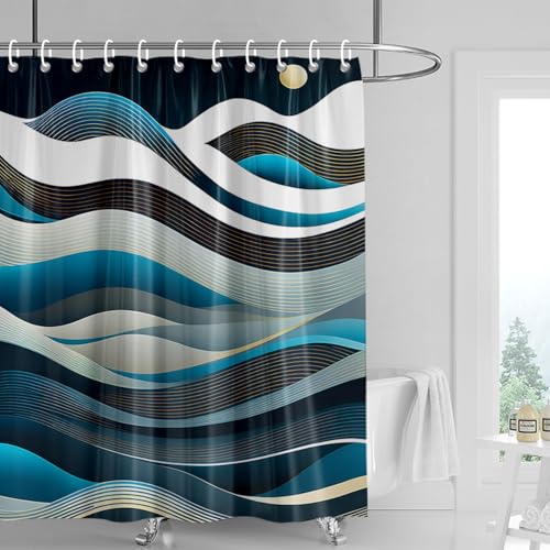 Duschvorhang 180x220 cm Gestreift Blau Braun Shower Curtains Waschbar Polyester Stoff Duschvorhang Wasserdicht Dekoration Shower Curtain mit 12 Haken Duschvorhänge Badewanne von SHFDJTL