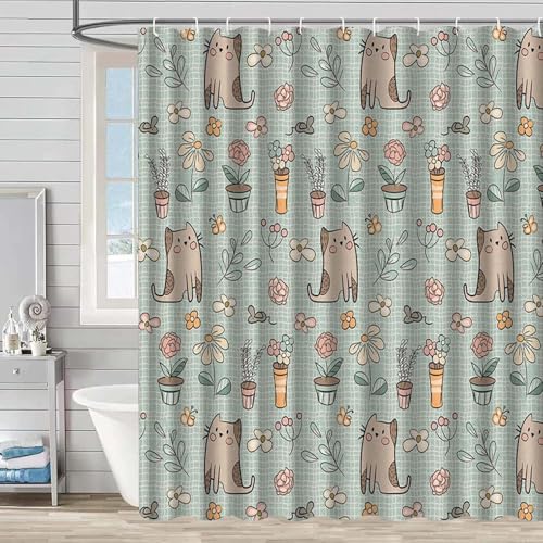 Duschvorhang 180x220 cm Grüne Pflanze Katze Shower Curtains Polyester Stoff Waschbar Duschvorhänge Blickdicht Badewanne Wasserdicht Antischimmel mit 12 Duschvorhangringen von SHFDJTL