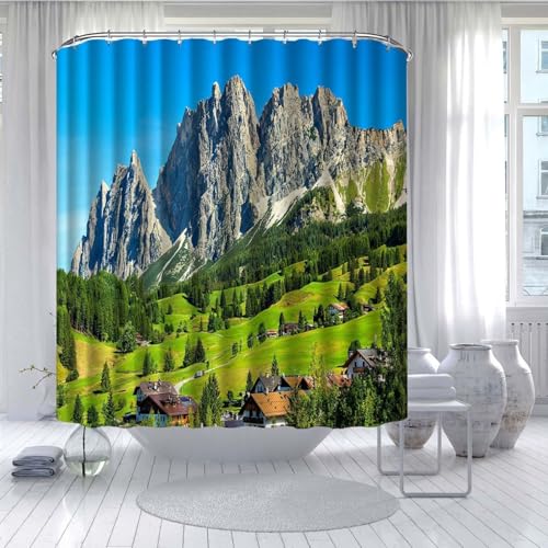 Duschvorhang 180x220 cm Grüner Baum Berg Shower Curtains Polyester Stoff Waschbar Duschvorhänge Blickdicht Badewanne Wasserdicht Antischimmel mit 12 Duschvorhangringen von SHFDJTL