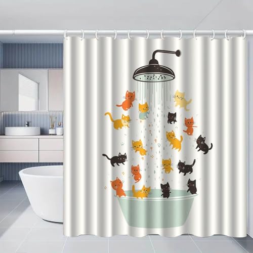 Duschvorhang 180x220 cm Katze Orange Gelb Shower Curtains Polyester Stoff Waschbar Duschvorhänge Blickdicht Badewanne Wasserdicht Antischimmel mit 12 Duschvorhangringen von SHFDJTL