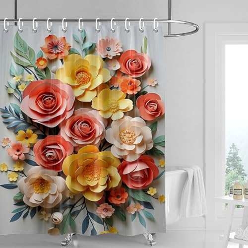 Duschvorhang 180x220 cm Rose Rot Gelb Shower Curtains Waschbar Polyester Stoff Duschvorhang Wasserdicht Dekoration Shower Curtain mit 12 Haken Duschvorhänge Badewanne von SHFDJTL