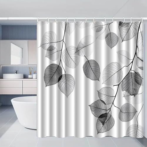 Duschvorhang 90x180 cm Blätter Grau Weiß Shower Curtains Polyester Stoff Waschbar Duschvorhänge Blickdicht Badewanne Wasserdicht Antischimmel mit 12 Duschvorhangringen von SHFDJTL