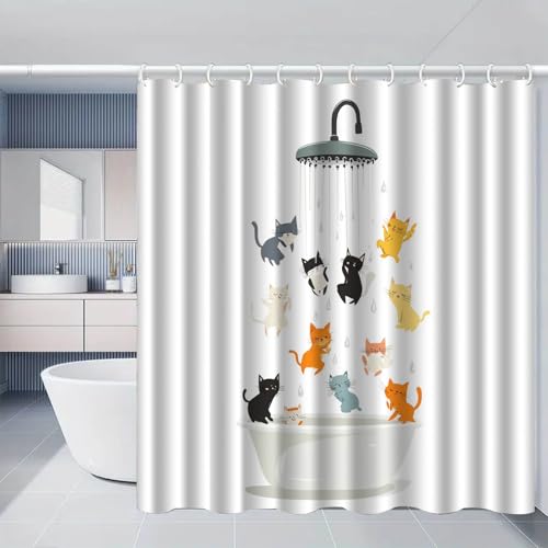 Duschvorhang 90x180 cm Blaue Gelbe Katze Shower Curtains Polyester Stoff Waschbar Duschvorhänge Blickdicht Badewanne Wasserdicht Antischimmel mit 12 Duschvorhangringen von SHFDJTL