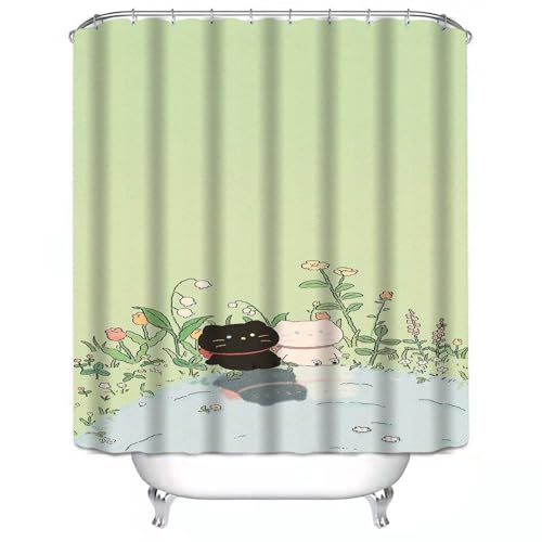 Duschvorhang 90x180 cm Katze Grüne Blume Shower Curtains Polyester Stoff Waschbar Duschvorhänge Blickdicht Badewanne Wasserdicht Antischimmel mit 12 Duschvorhangringen von SHFDJTL