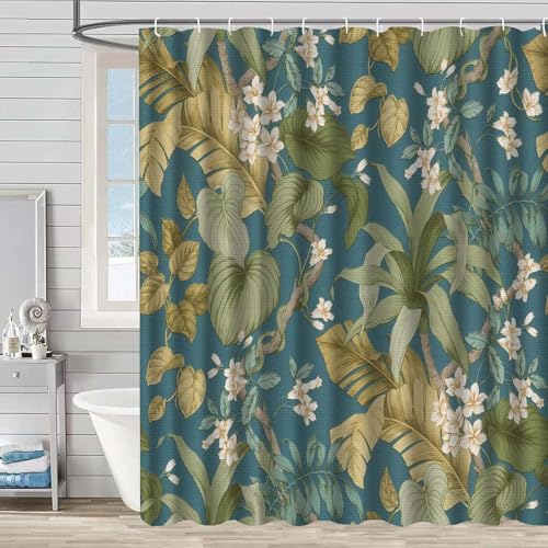 Duschvorhang 90x180 cm Retro Blau Tropisch Shower Curtains Polyester Stoff Waschbar Duschvorhänge Blickdicht Badewanne Wasserdicht Antischimmel mit 12 Duschvorhangringen von SHFDJTL