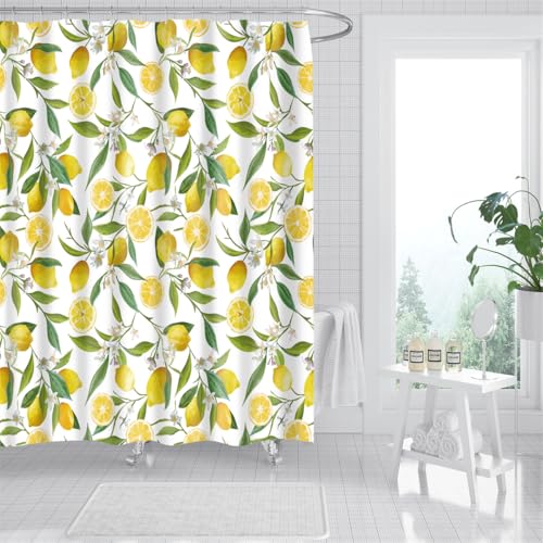 Duschvorhang Zitronengelbe Blätter Shower Curtains Anti-Schimmel Duschvorhänge Waschbar Duschvorhang Wasserdicht Duschvorhang Badewanne Badvorhang mit 12 Duschvorhängeringen (180x220cm) von SHFDJTL