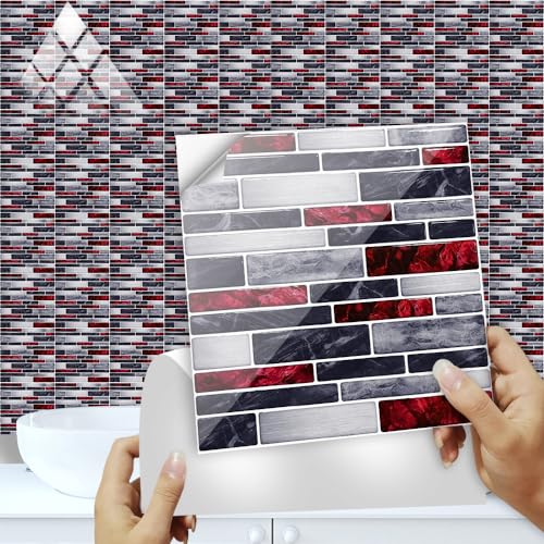 Küchenfliesen Selbstklebend Grauer Roter Ziegel Mosaikfliesen PVC Fliesensticker Wasserfest Klebefliesen Küche Klebefliesen Bad Fliesenfolie Wanddekoration Fliesenaufkleber 30x30cm/10 Stück von SHFDJTL