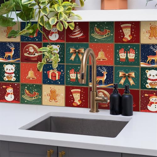 Mosaikfliesen Weihnachtsbaum Küchenfliesen Selbstklebend PVC Wasserfest Fliesensticker Badezimmer Schrank Fliesenaufkleber Wanddekoration Klebefliesen Küche 15x15cm/24 Stück von SHFDJTL